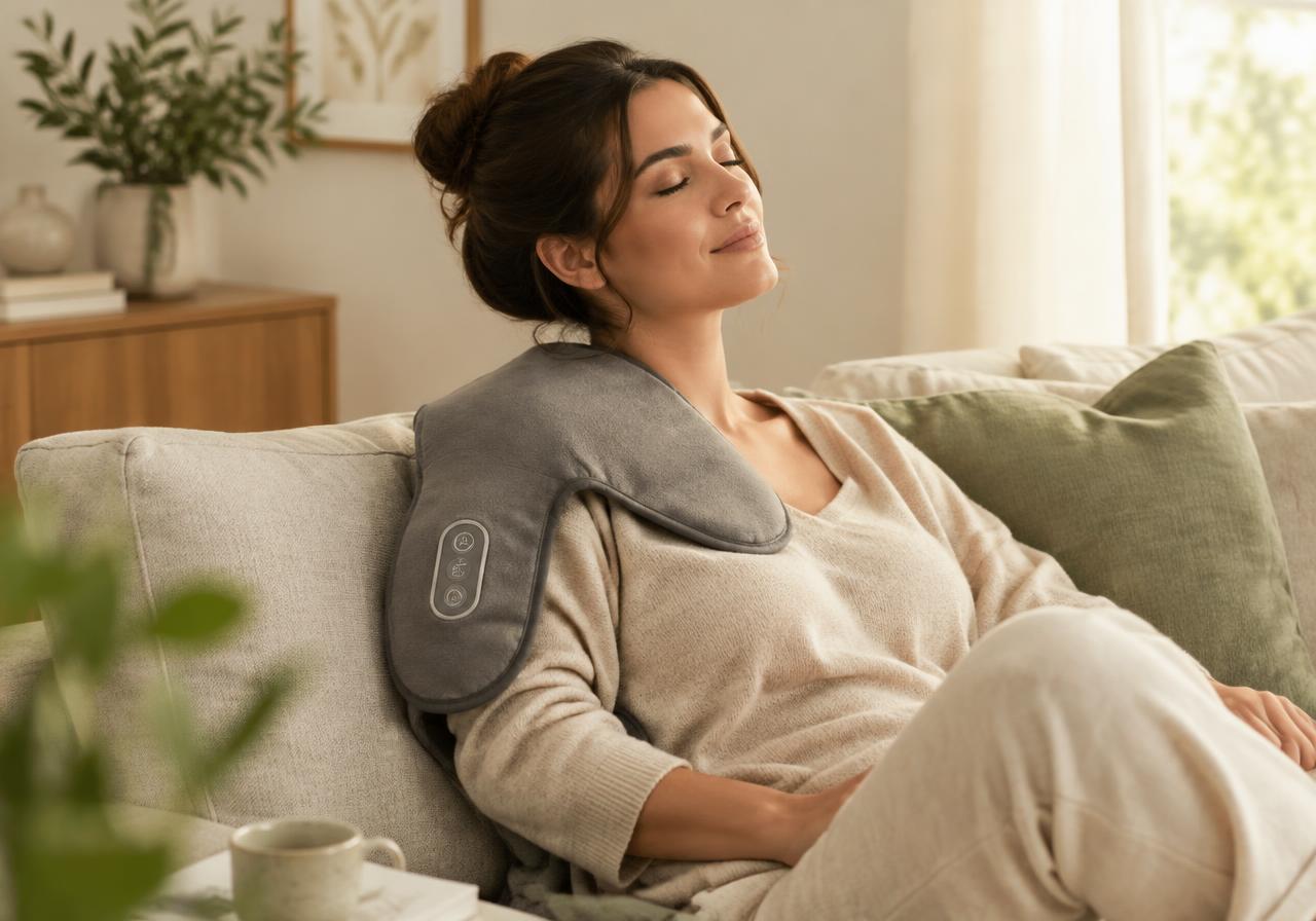 Woman relaxing on a sofa wearing a shoulder massager
